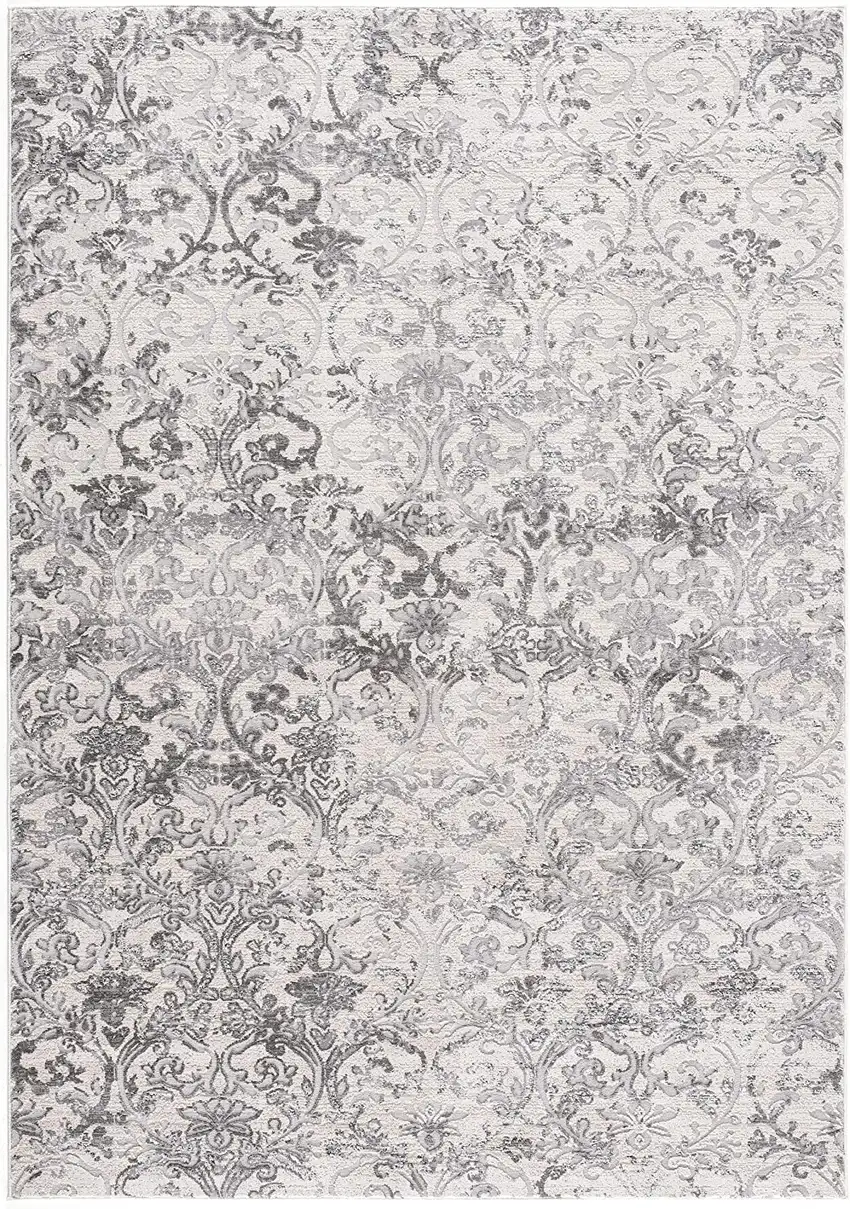 Cream Damask Power Loom Stain Resistant Area Rug Photo 1