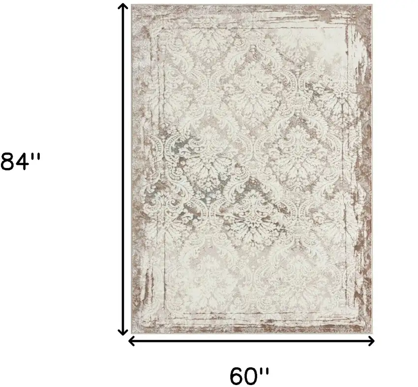 Cream Damask Stain Resistant Area Rug Photo 8