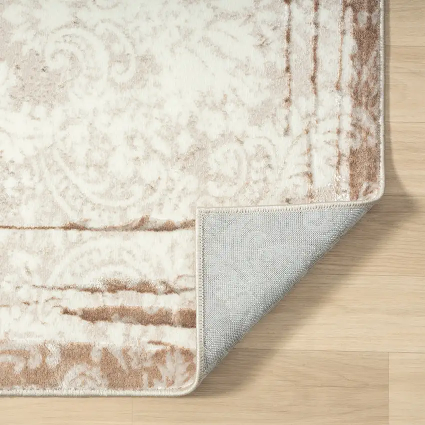 Cream Damask Stain Resistant Area Rug Photo 6