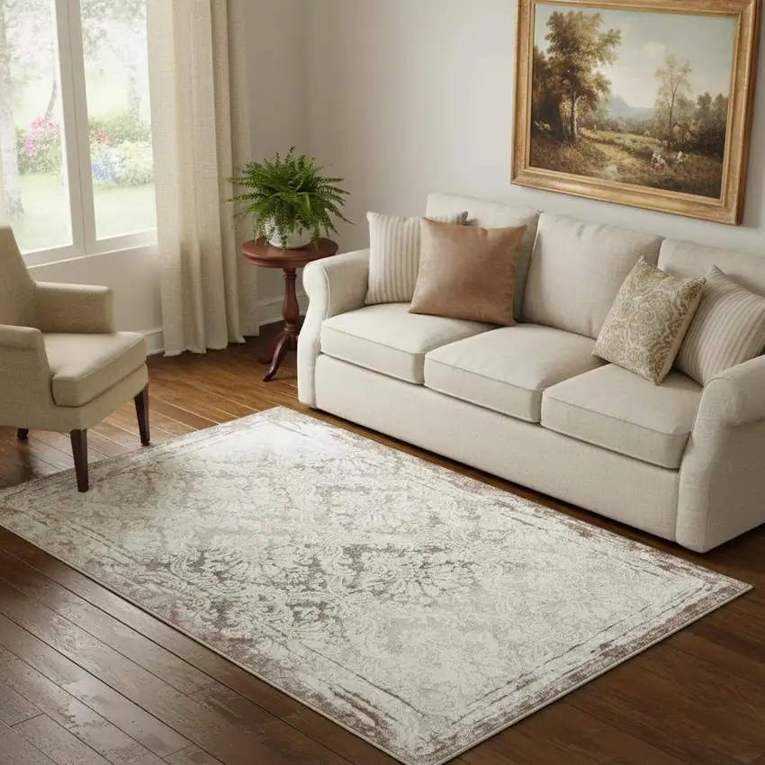Cream Damask Stain Resistant Area Rug Photo 1