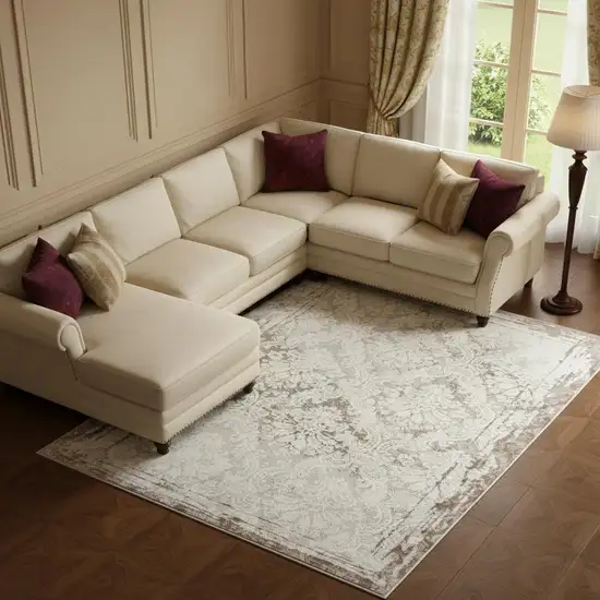 Cream Damask Stain Resistant Area Rug Photo 1