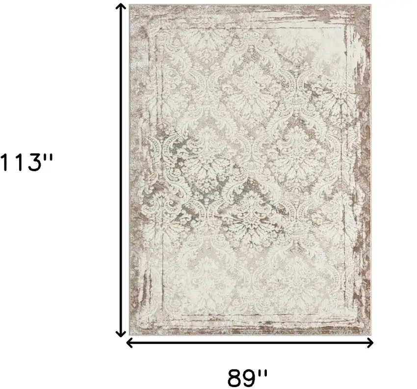 Cream Damask Stain Resistant Area Rug Photo 8