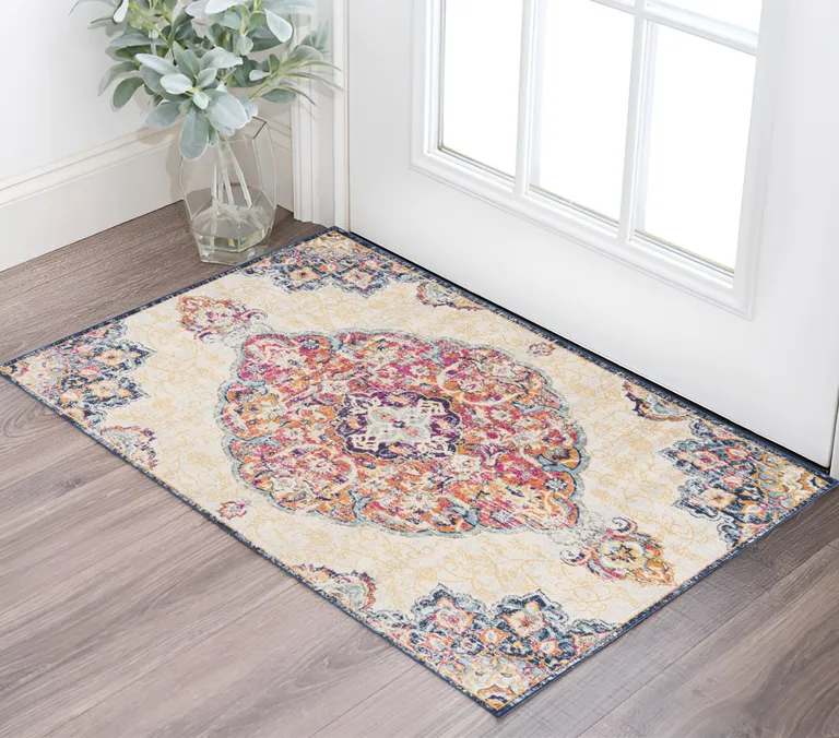 Cream Decorative Medallion Area Rug Photo 2