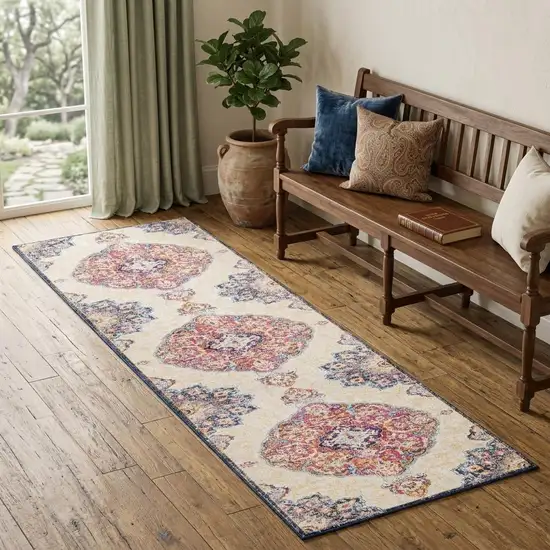 6' Blue And Beige Medallion Runner Rug Photo 1