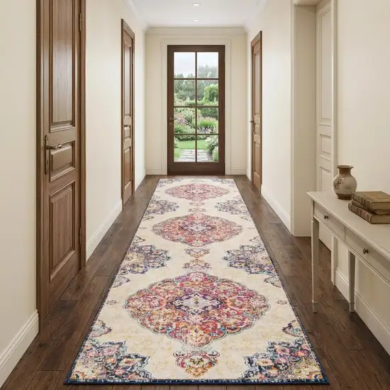 10' Blue And Beige Medallion Runner Rug Photo 1