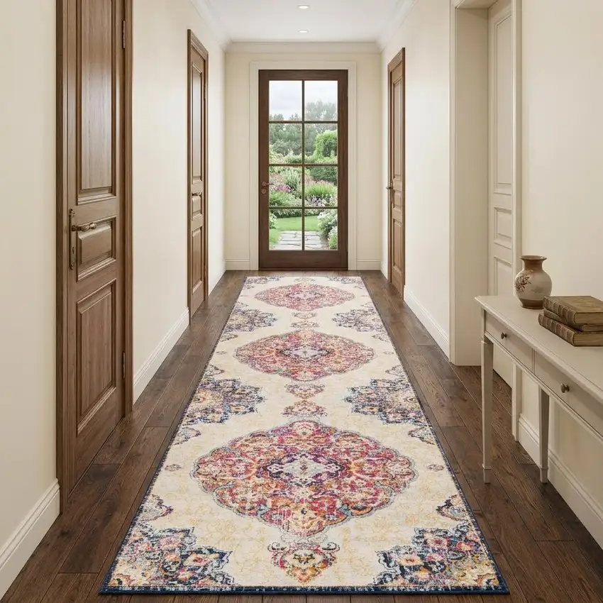 10' Blue And Beige Medallion Runner Rug Photo 1