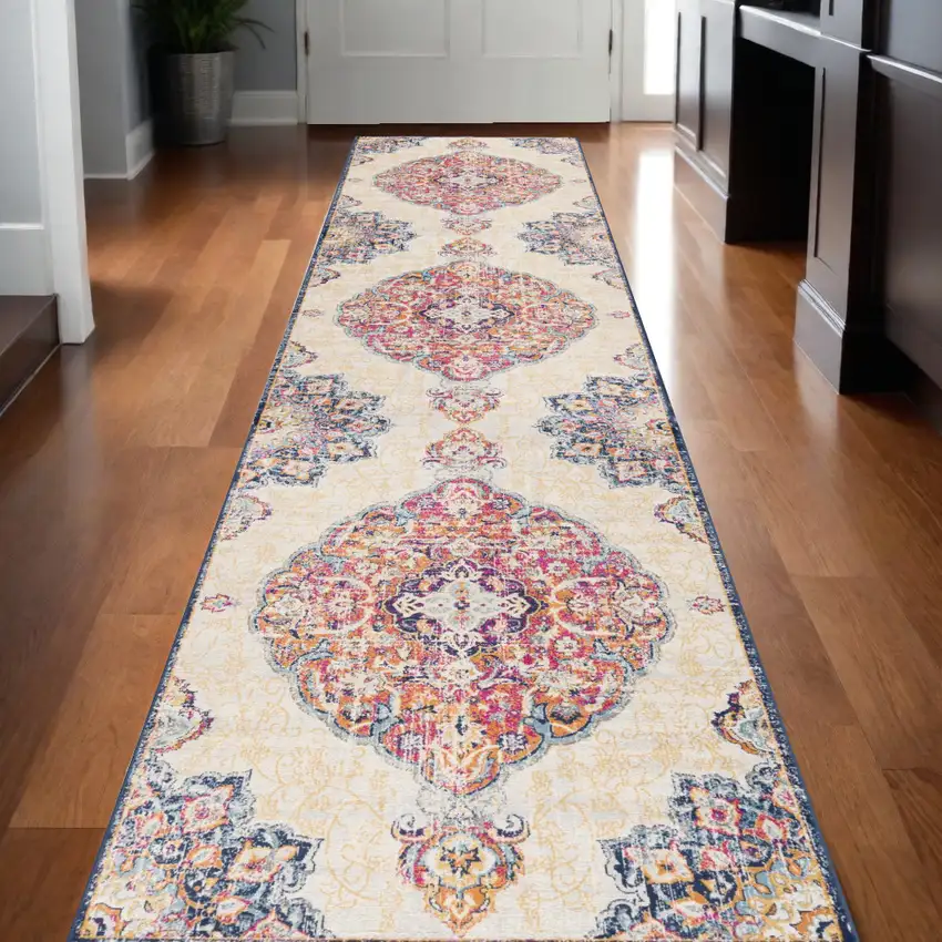 10' Cream Oriental Dhurrie Runner Rug Photo 1