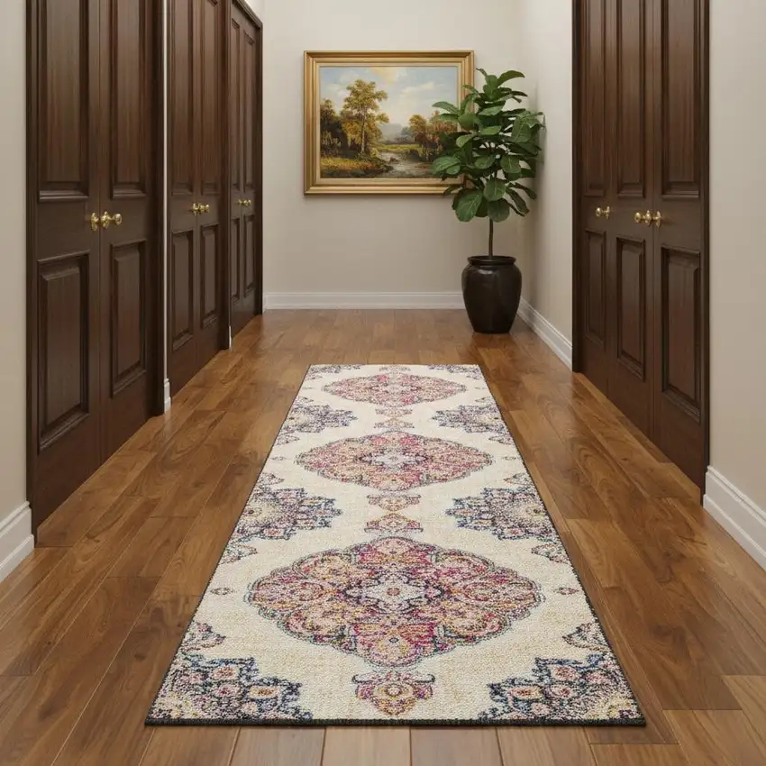 13' Blue And Beige Medallion Runner Rug Photo 1