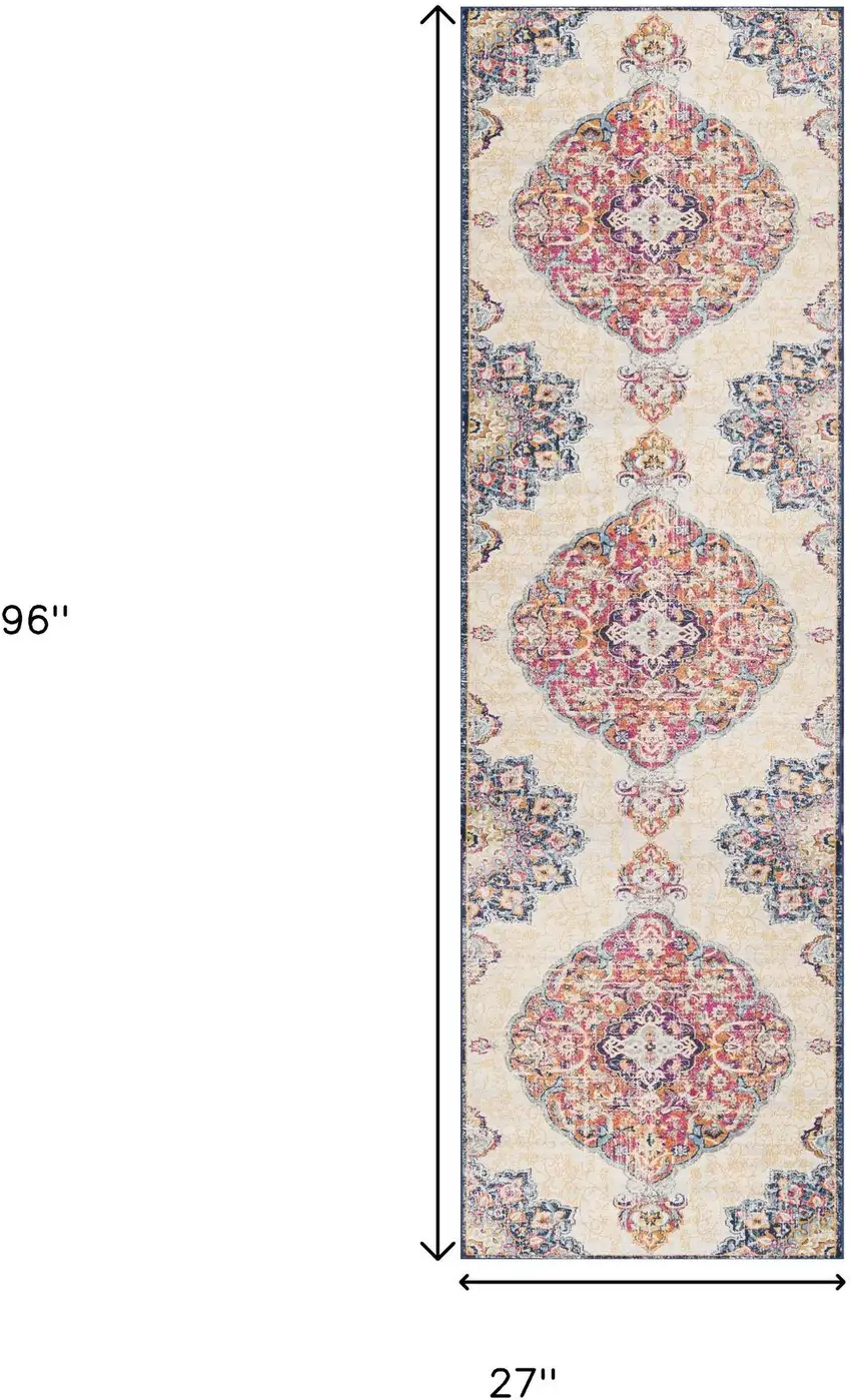 8' Blue And Beige Medallion Runner Rug Photo 3