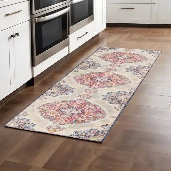 8' Blue And Beige Medallion Runner Rug Photo 1
