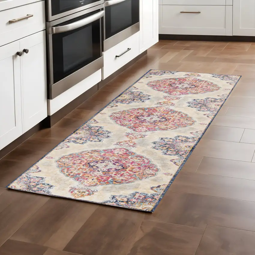 8' Blue And Beige Medallion Runner Rug Photo 1