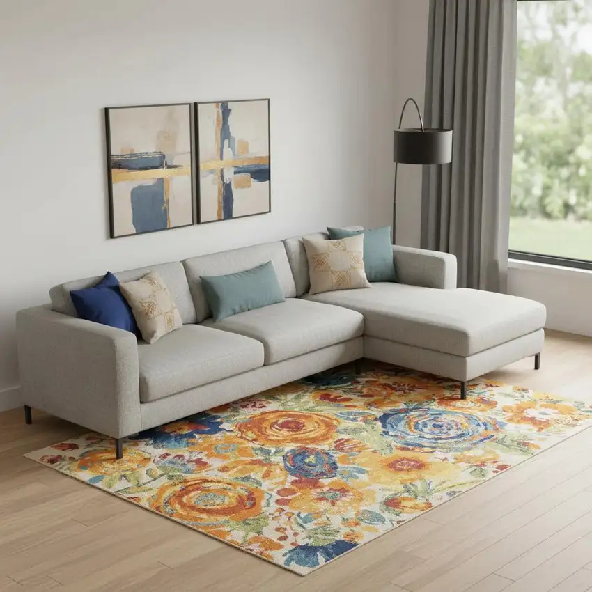 Cream Floral Area Rug Photo 1