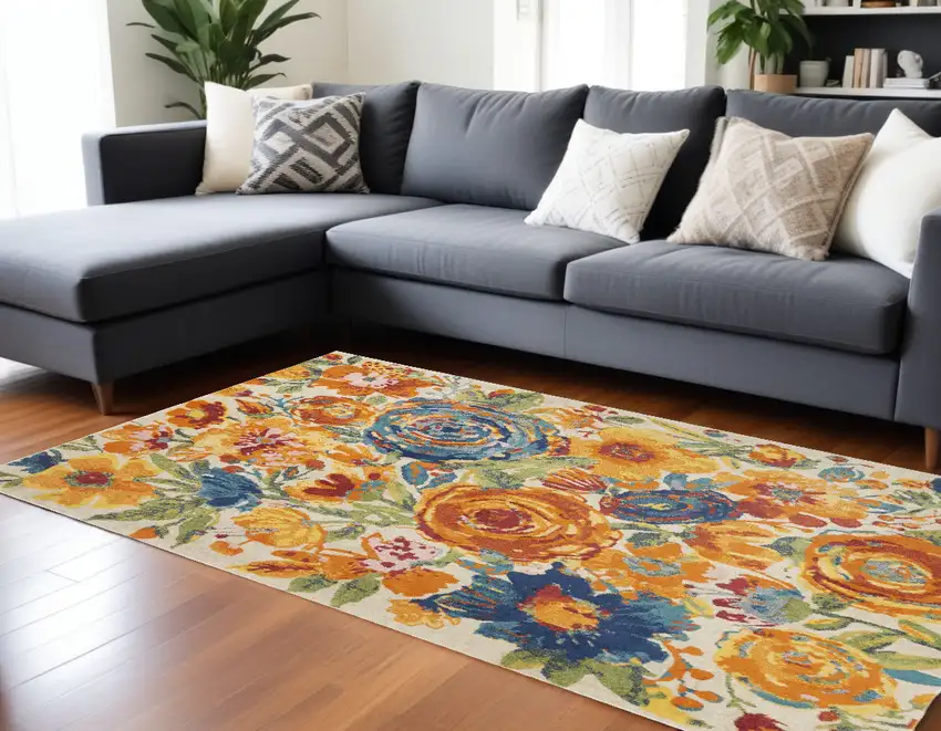 Cream Floral Area Rug Photo 1