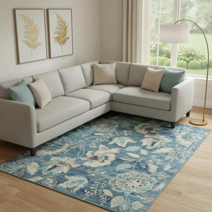 Cream Floral Distressed Area Rug Photo 1