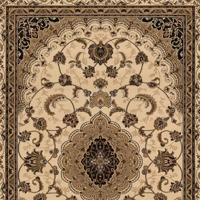 Beige and Black Floral Medallion Power Loom Area Rug Photo 5