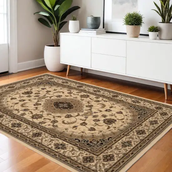 Beige and Black Floral Medallion Power Loom Area Rug Photo 1