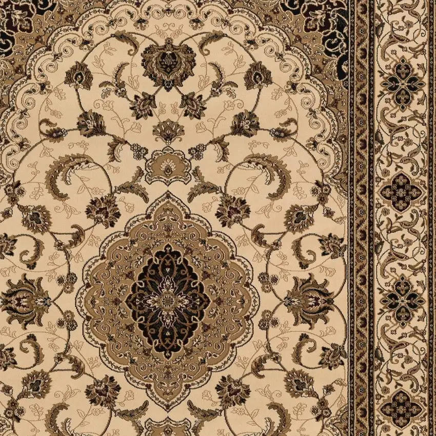 Beige and Black Floral Medallion Power Loom Area Rug Photo 4