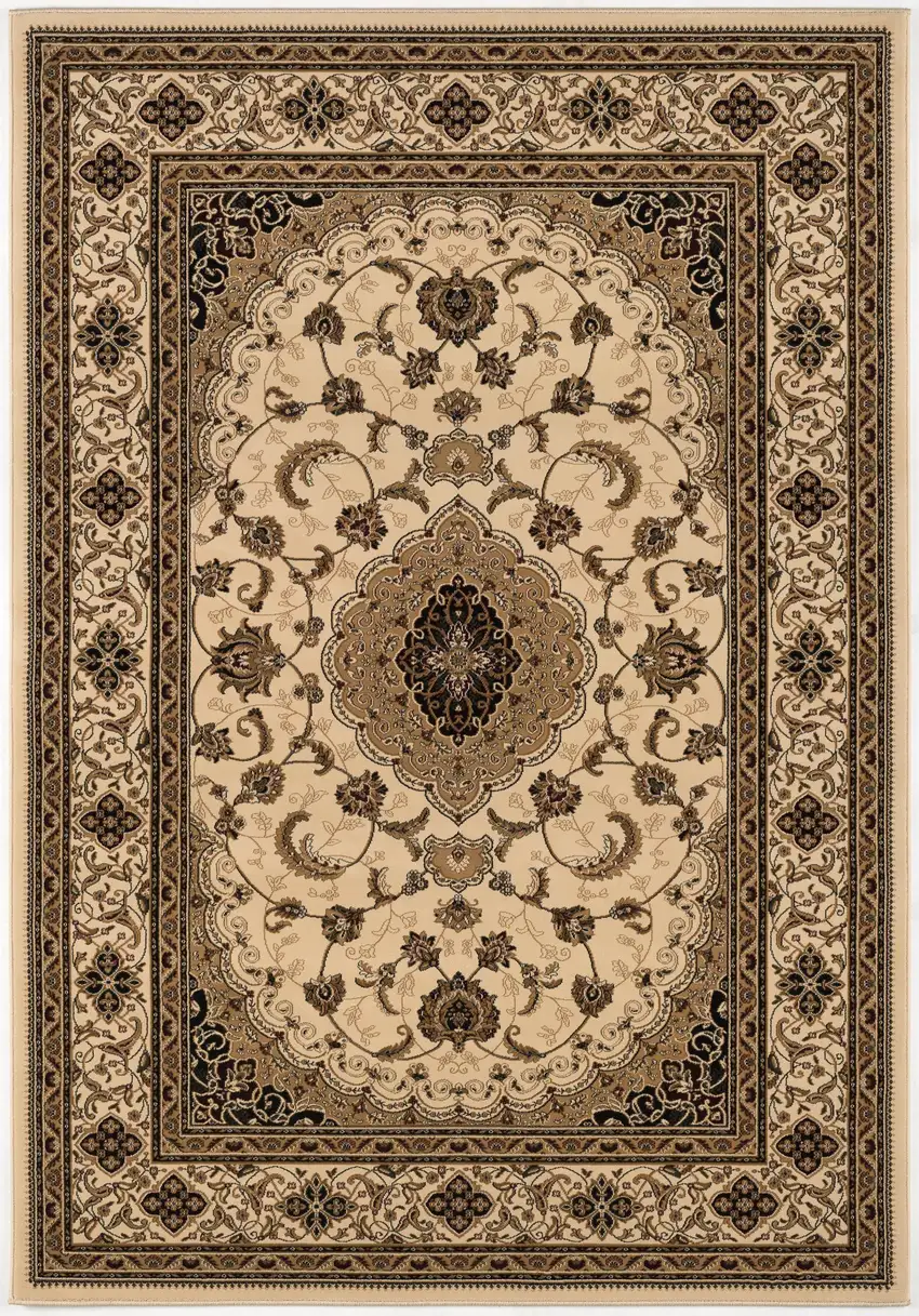 Beige and Black Floral Medallion Power Loom Area Rug Photo 4