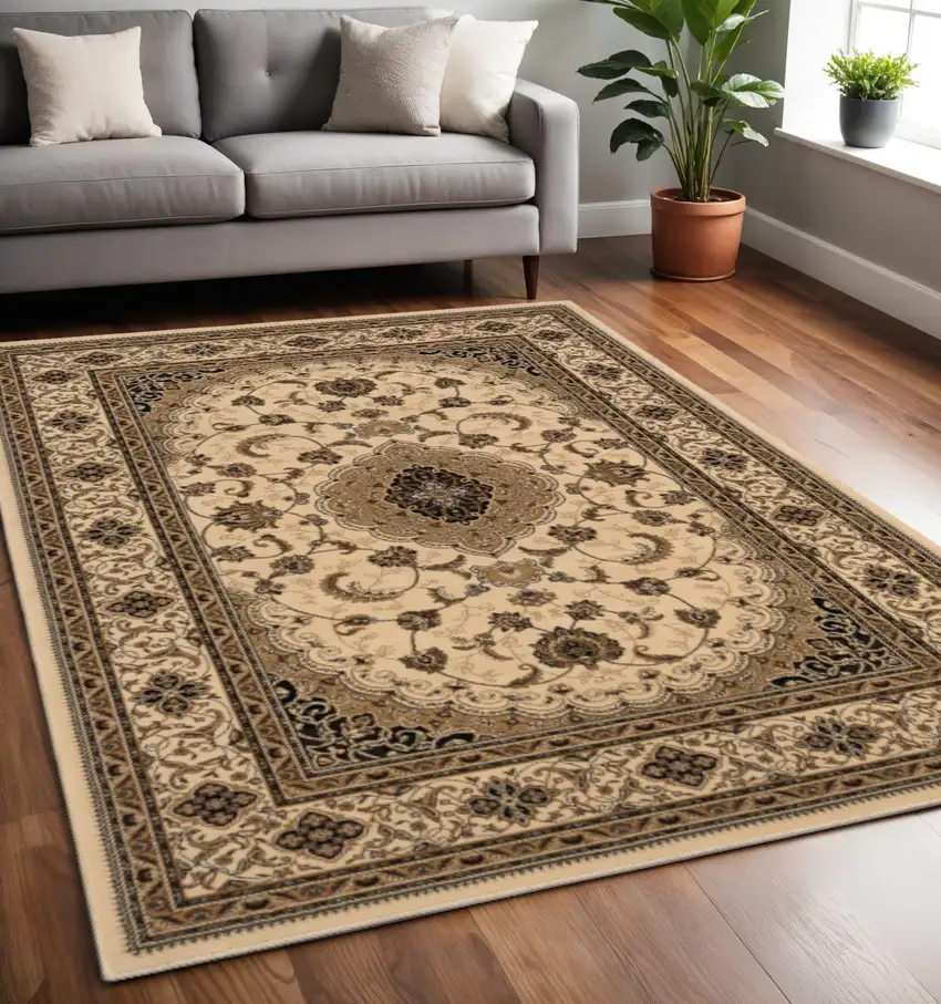 Beige and Black Floral Medallion Power Loom Area Rug Photo 1