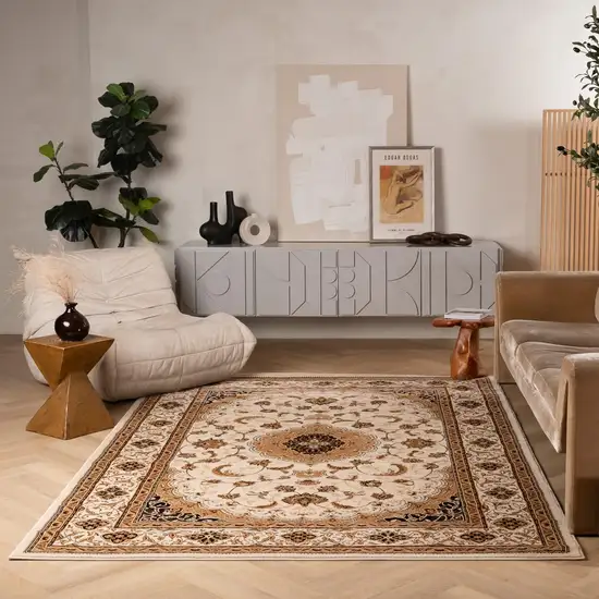 Beige and Black Floral Medallion Power Loom Area Rug Photo 9