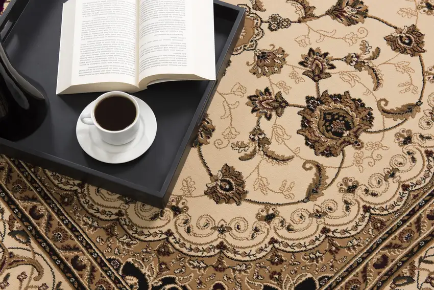 Beige and Black Floral Medallion Power Loom Area Rug Photo 5