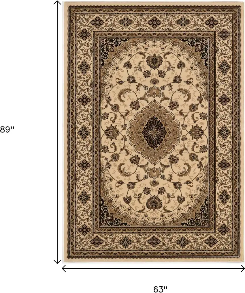 Beige and Black Floral Medallion Power Loom Area Rug Photo 3