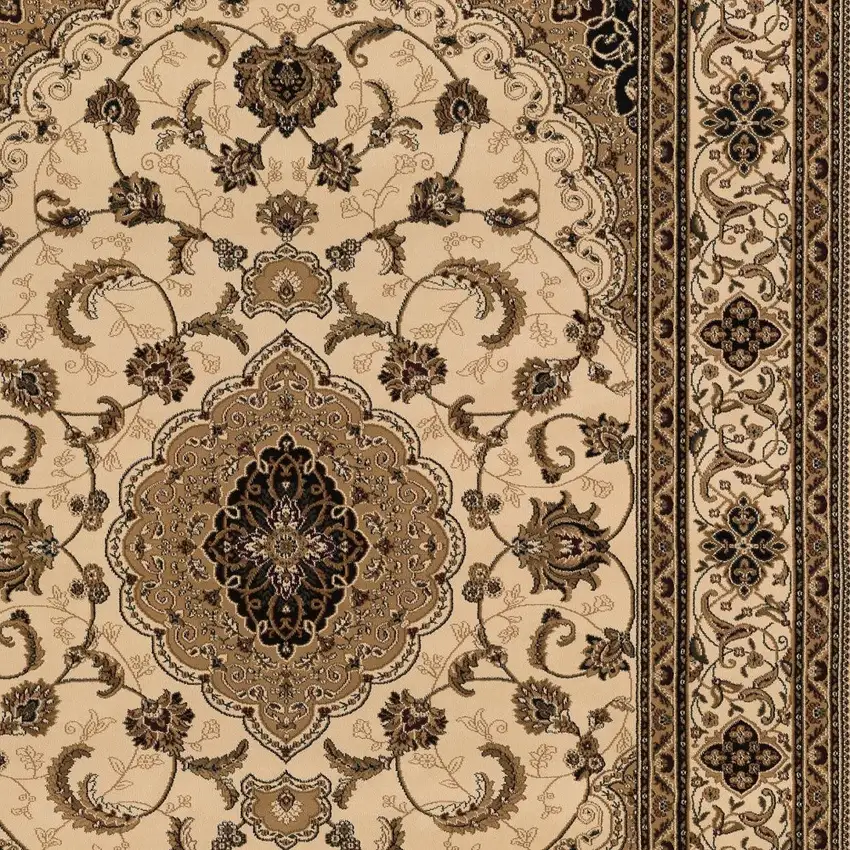 Beige and Black Floral Medallion Power Loom Area Rug Photo 4