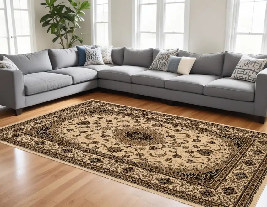 Beige and Black Floral Medallion Power Loom Area Rug Photo 2