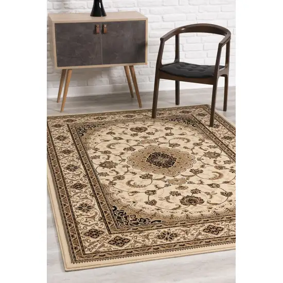 Beige and Black Floral Medallion Power Loom Area Rug Photo 6