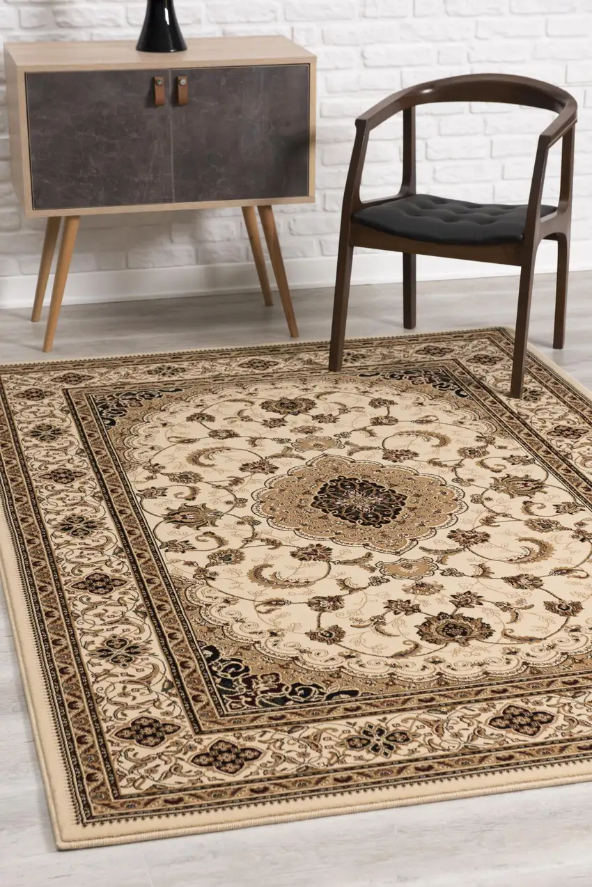 Beige and Black Floral Medallion Power Loom Area Rug Photo 6