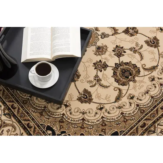 Beige and Black Floral Medallion Power Loom Area Rug Photo 9