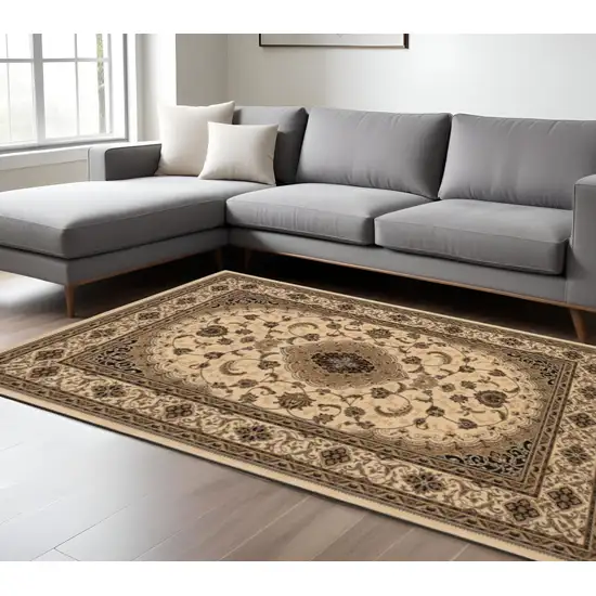 Beige and Black Floral Medallion Power Loom Area Rug Photo 1
