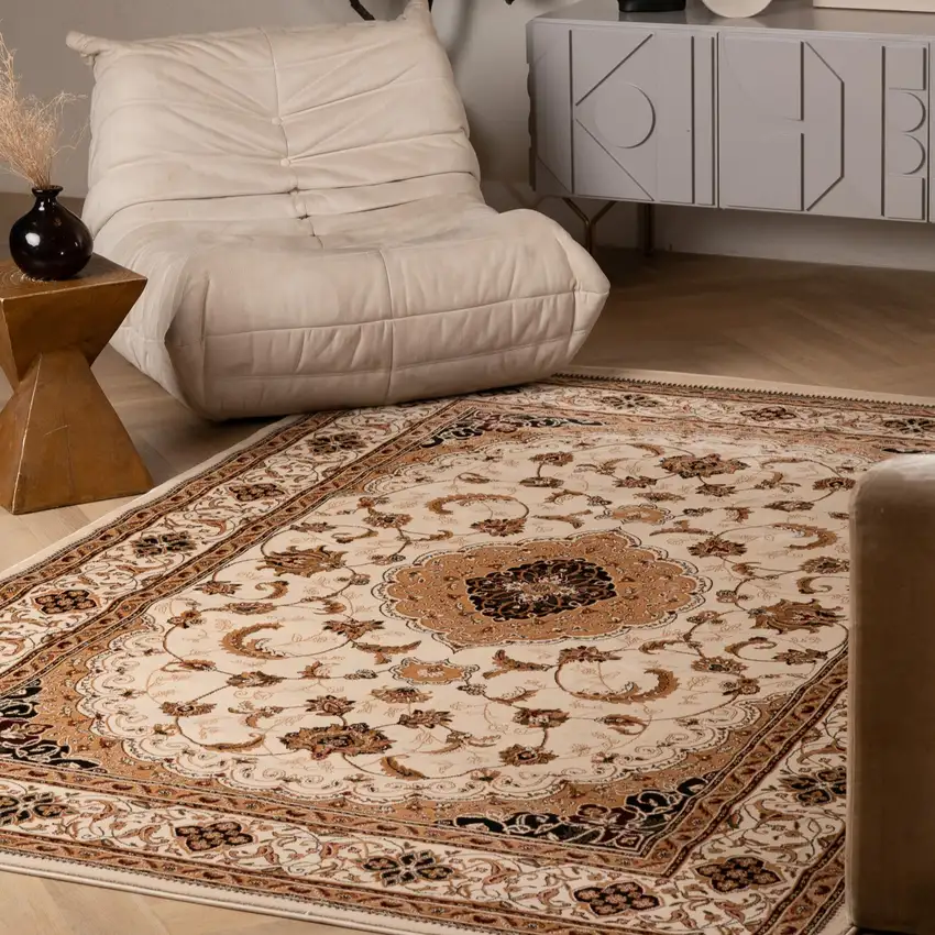 Beige and Black Floral Medallion Power Loom Area Rug Photo 9