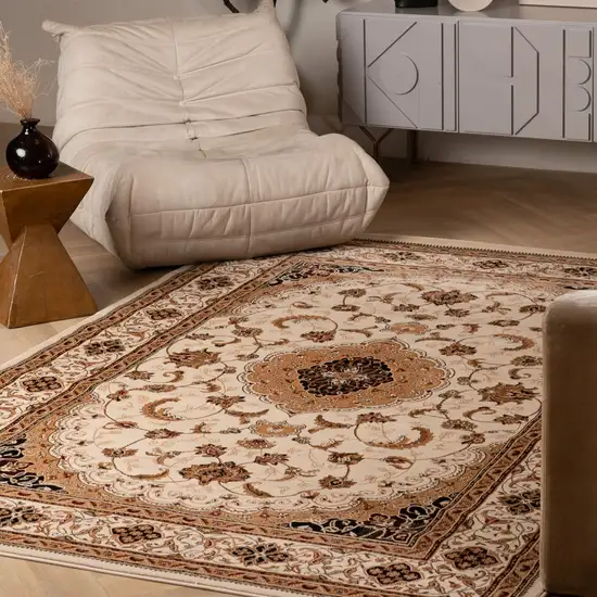 Beige and Black Floral Medallion Power Loom Area Rug Photo 9
