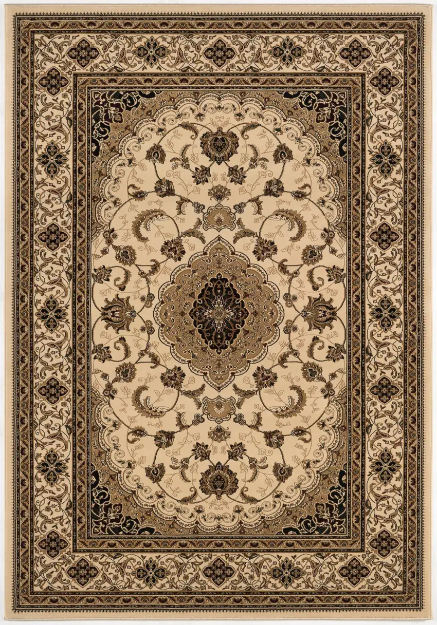 Beige and Black Floral Medallion Power Loom Area Rug Photo 2