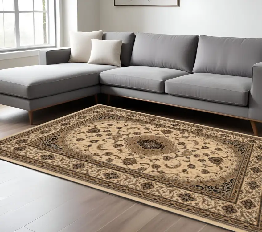Beige and Black Floral Medallion Power Loom Area Rug Photo 1