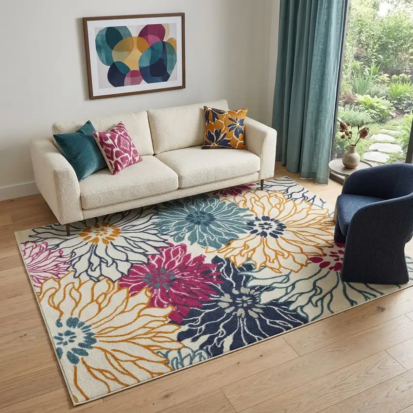 Cream Floral Power Loom Area Rug Photo 1