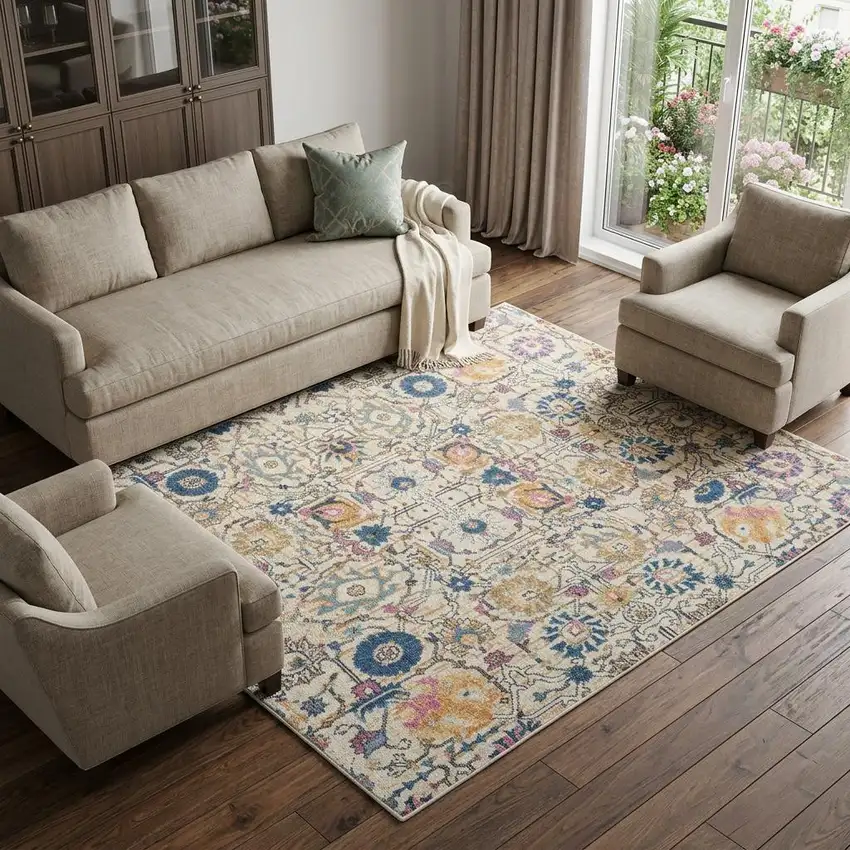 Cream Floral Power Loom Area Rug Photo 1