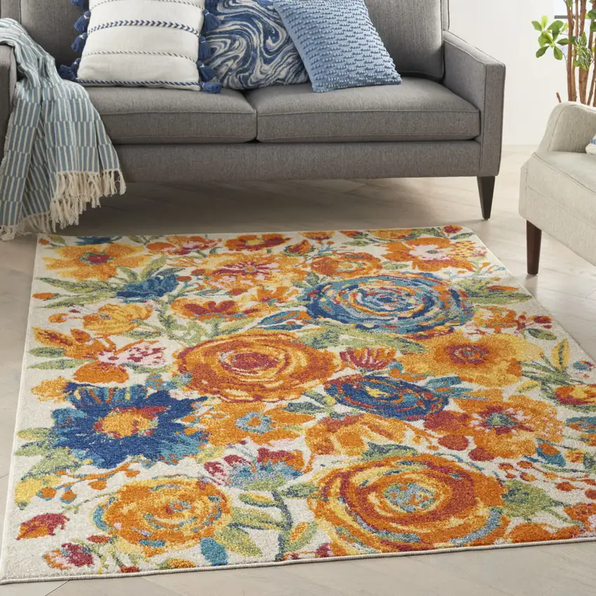 Cream Floral Power Loom Area Rug Photo 4