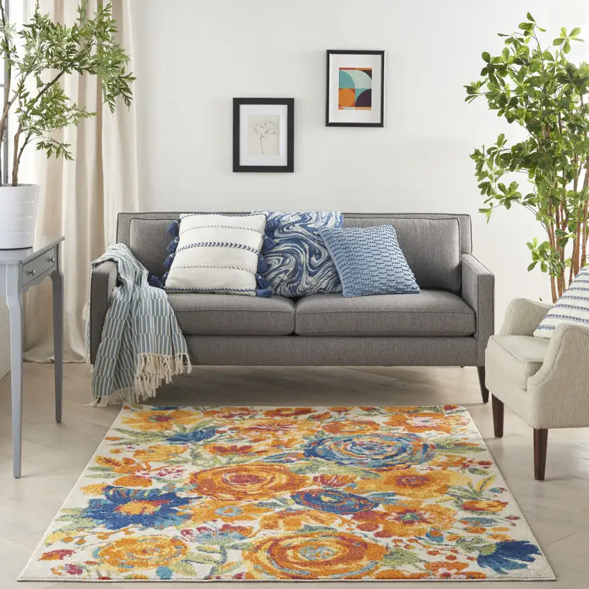 Cream Floral Power Loom Area Rug Photo 6