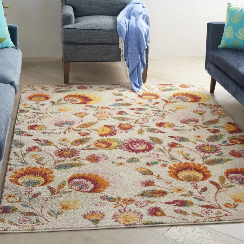 Cream Floral Power Loom Area Rug Photo 4