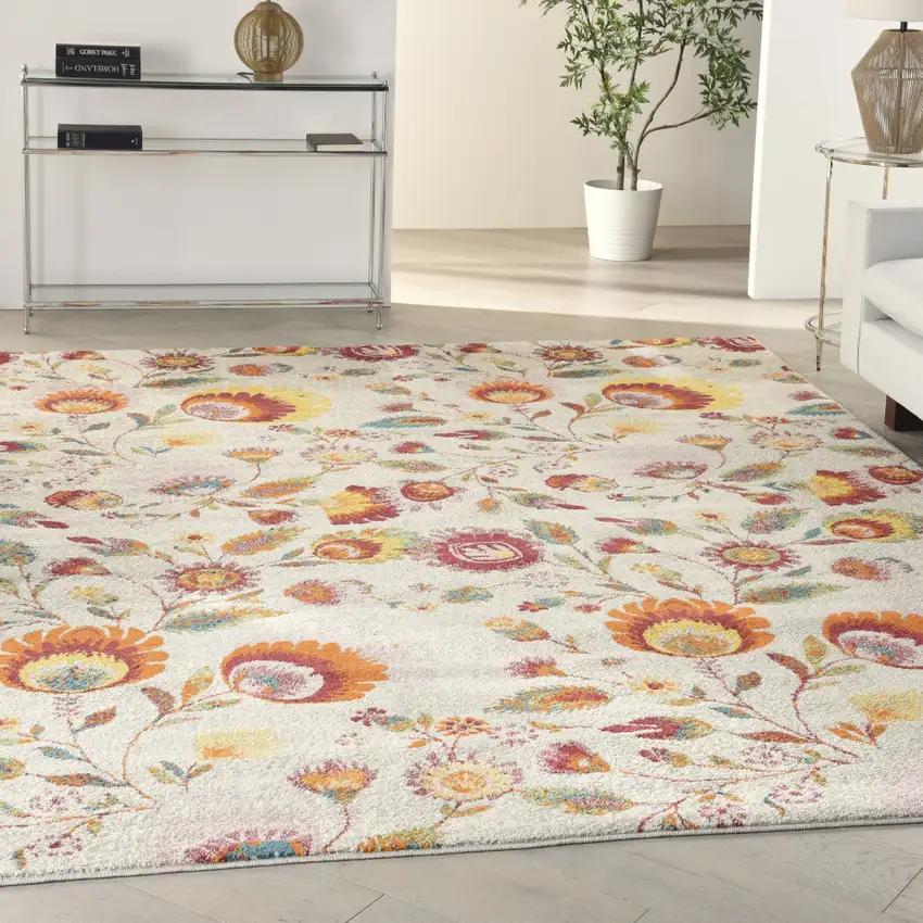 Cream Floral Power Loom Area Rug Photo 4