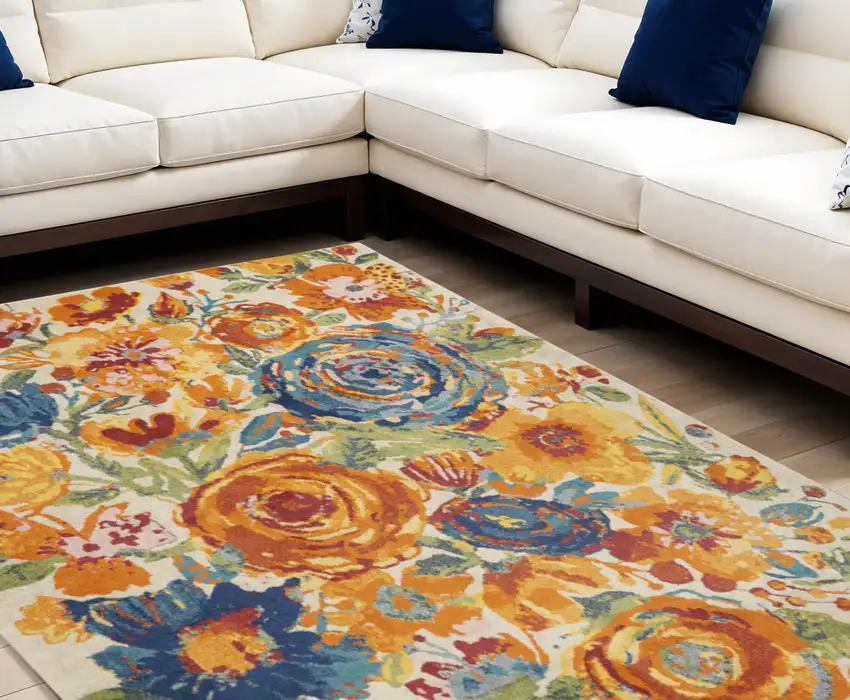 Cream Floral Power Loom Area Rug Photo 1