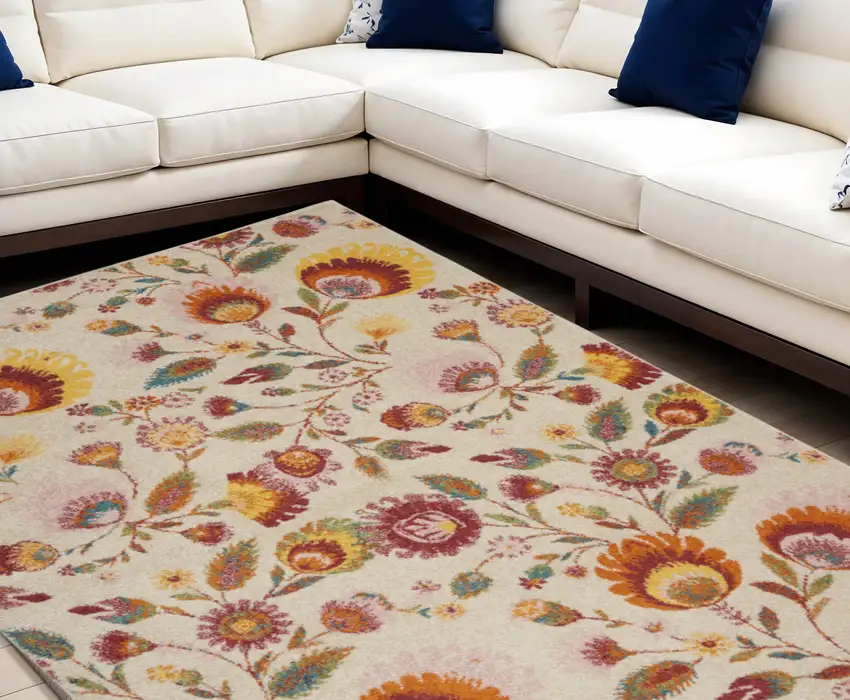 Cream Floral Power Loom Area Rug Photo 1