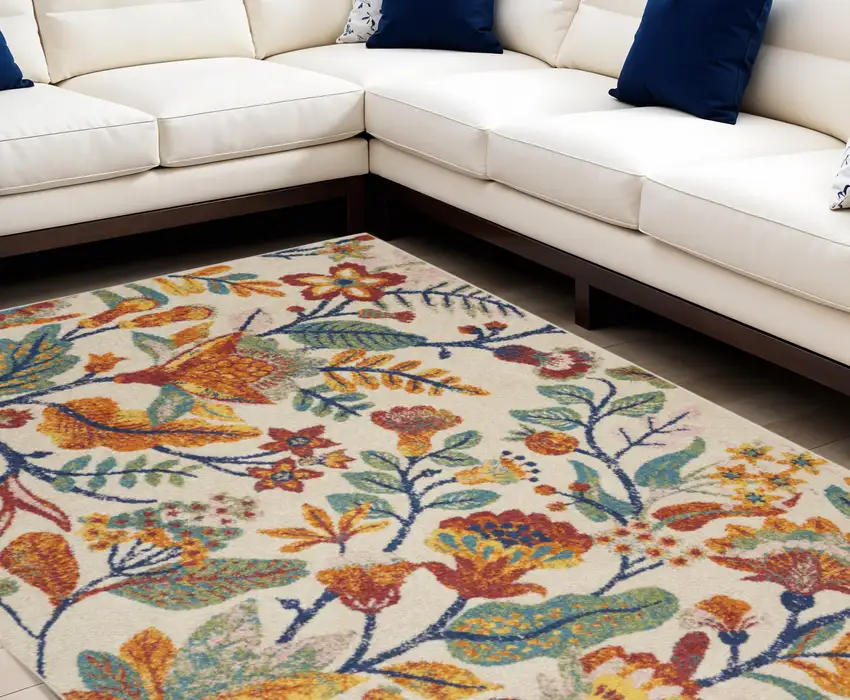 Cream Floral Power Loom Area Rug Photo 1