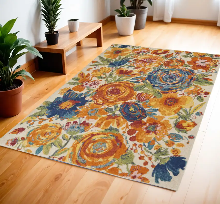 Cream Floral Power Loom Area Rug Photo 1