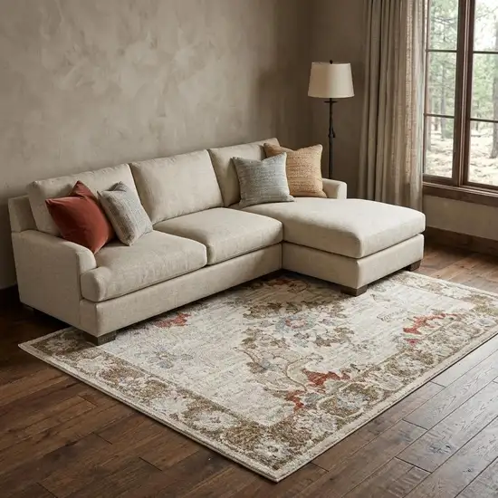 Cream Floral Power Loom Distressed Area Rug With Fringe Photo 1
