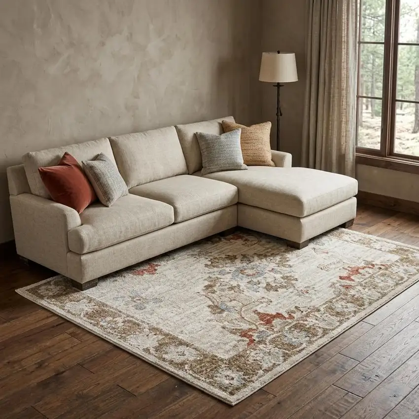 Cream Floral Power Loom Distressed Area Rug With Fringe Photo 1