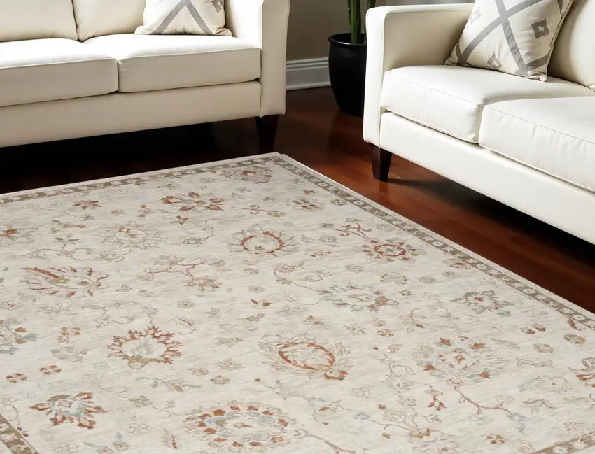 Cream Floral Power Loom Distressed Area Rug With Fringe Photo 1