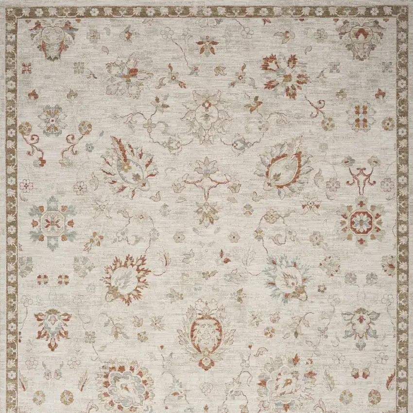 Cream Floral Power Loom Distressed Area Rug With Fringe Photo 6
